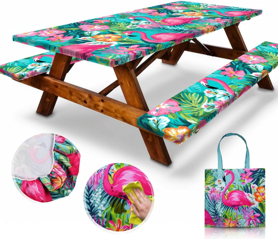 Premium 6FT Waterproof Polyester Picnic Table Cover Set with Bench Covers and Carrying Bag, Elastic and Windproof Design (72x30 Inches, 4 Pieces)