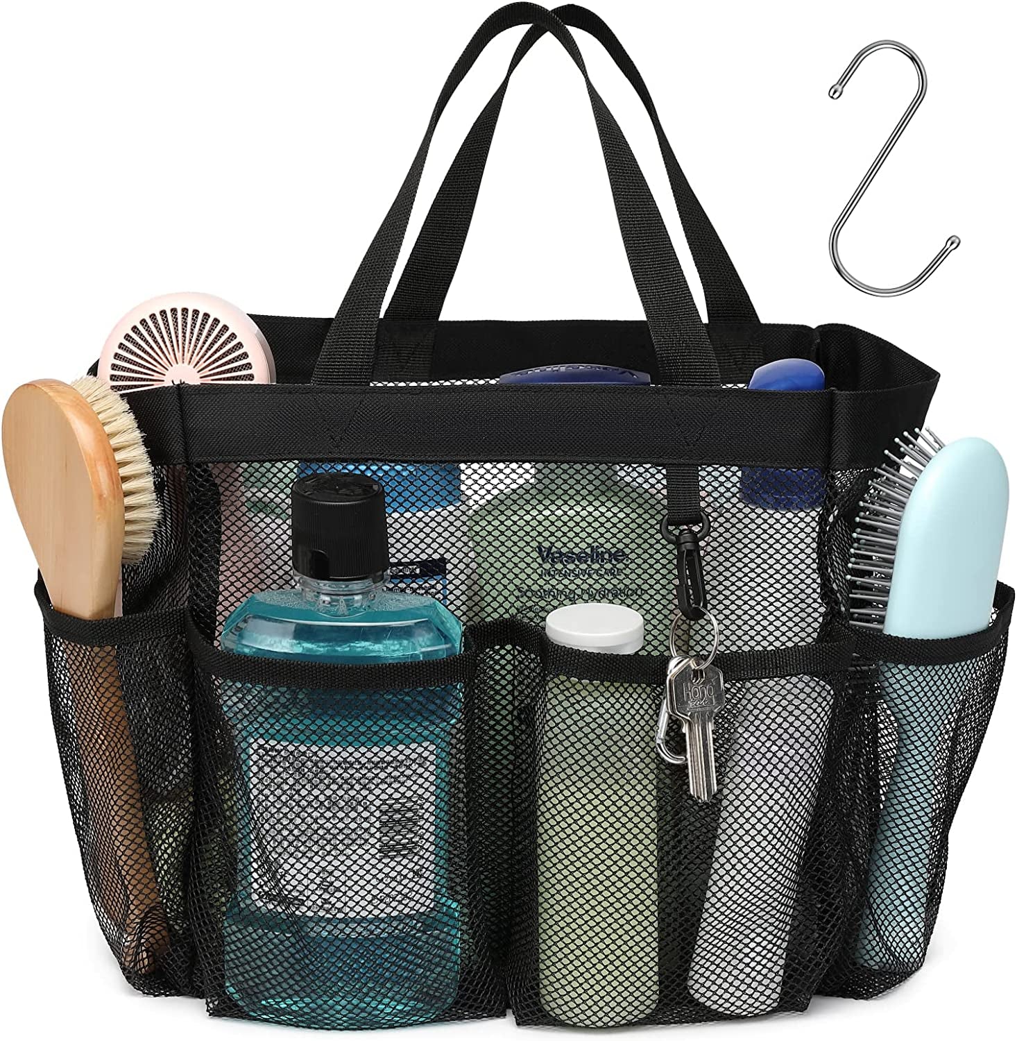 Portable Mesh Shower Caddy with 7 Deep Pockets, Ideal for College Dorms, Gym, and Camping - Quick Dry Design with 2 Handles and S Hook, Black