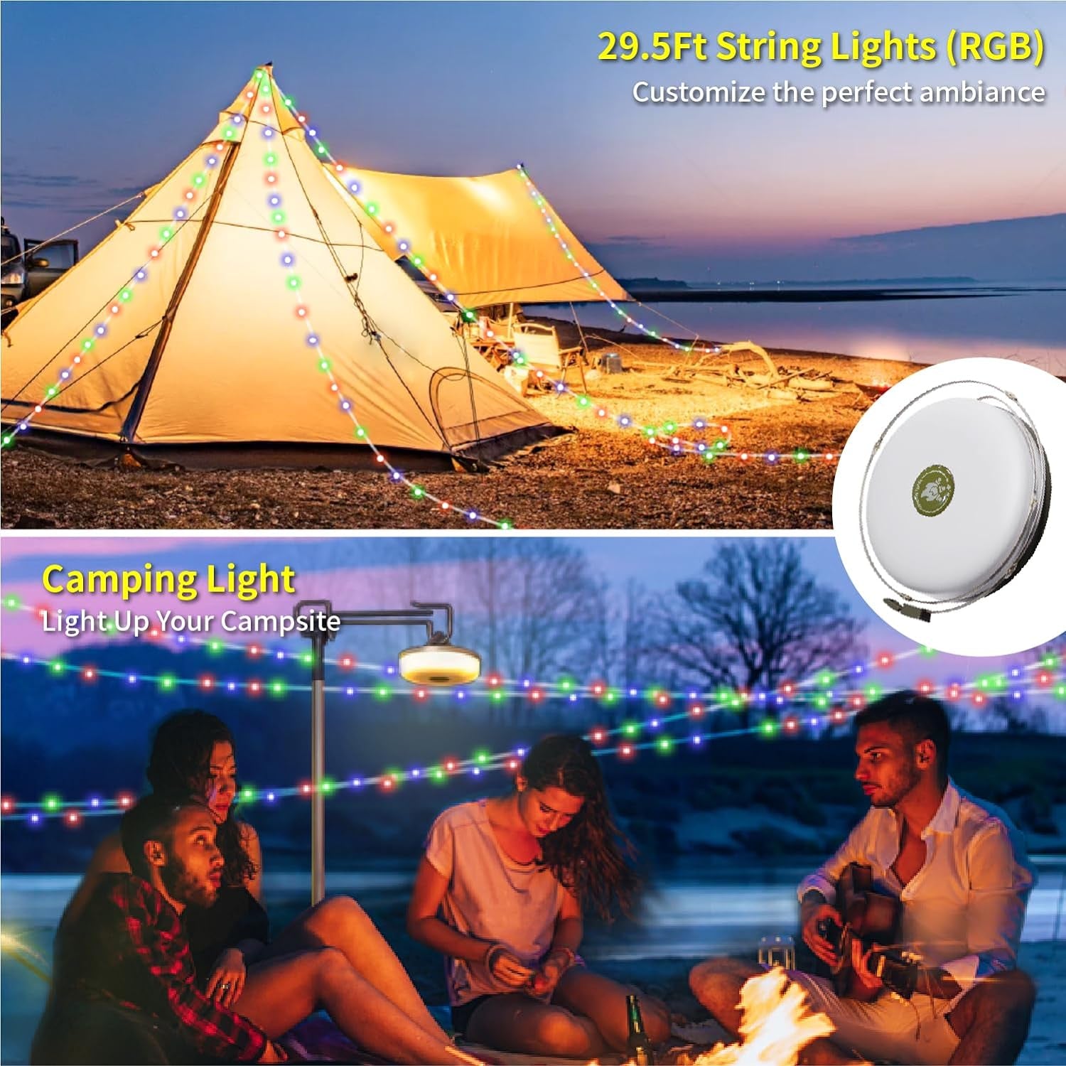 HAMLITE Camping Light String, 3 in 1 Camping Light Rechargeable(29.5Ft), RGB Portable Outdoor String Lights, Durable Tent Fairy Lights, Multi-Modes & Brightness, USB RV Awning Lights for Camper, Yard