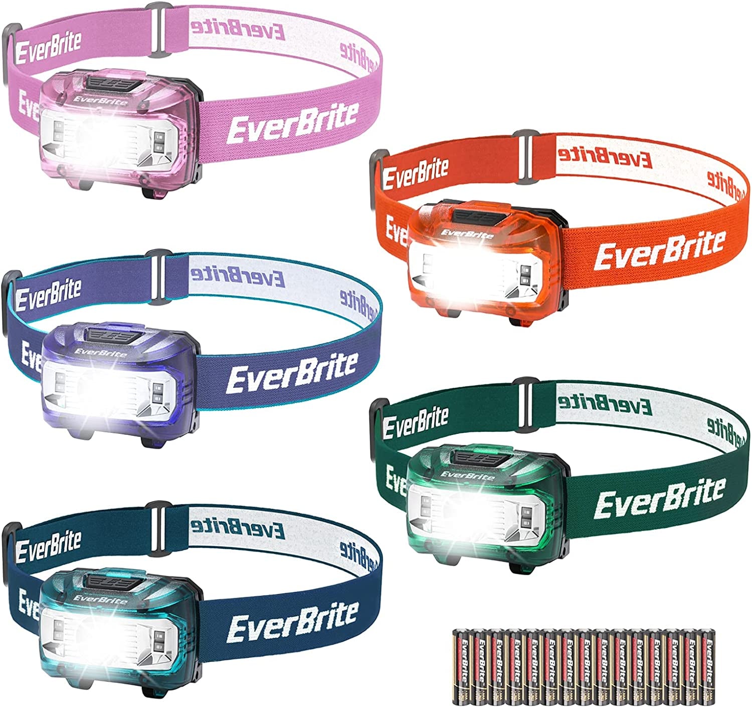 Everbrite Headlamp, 5 Pack Kids Headlamp with Red Light and Memory Function, Head Lamp for Adults and Kids with 5 Modes, Bright Headlamps for Camping, Running, Batteries Included