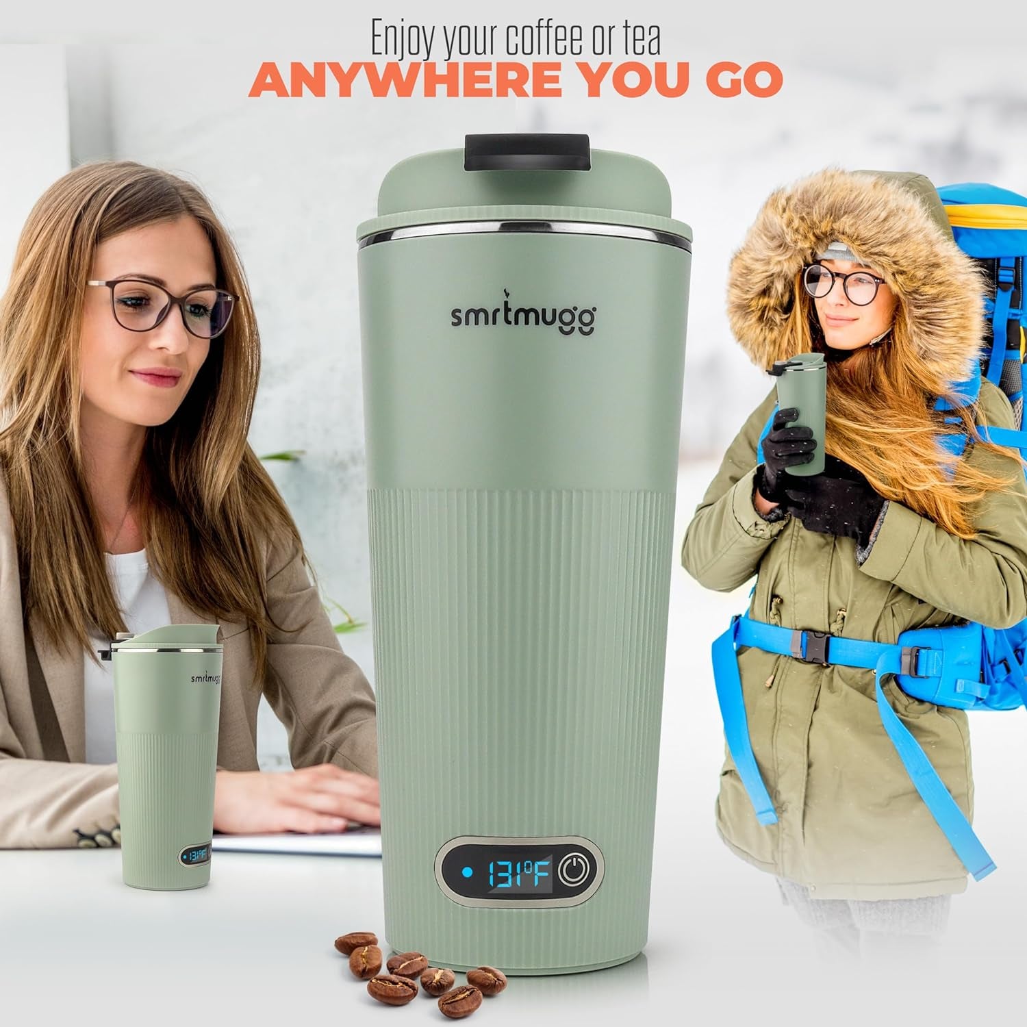 GO Heated Coffee Mug, Travel Mug, 13.5 OZ. Smart Mug, Battery Powered Heated Coffee Mug, Great for Coffee and Tea, Snap on Magnetic Charging Cord, New and Improved (Mint Green)