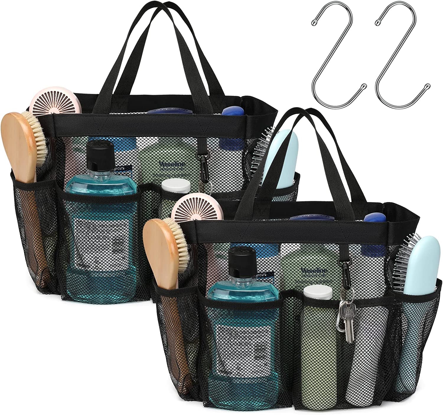 Mesh Shower Caddy Portable, Upgrade Deeper 7 Pockets Basket Bag Tote for College Dorm Room Toiletry Bathroom Essentials Gym Camp Quick Dry 2 Handles with S Hook, Black