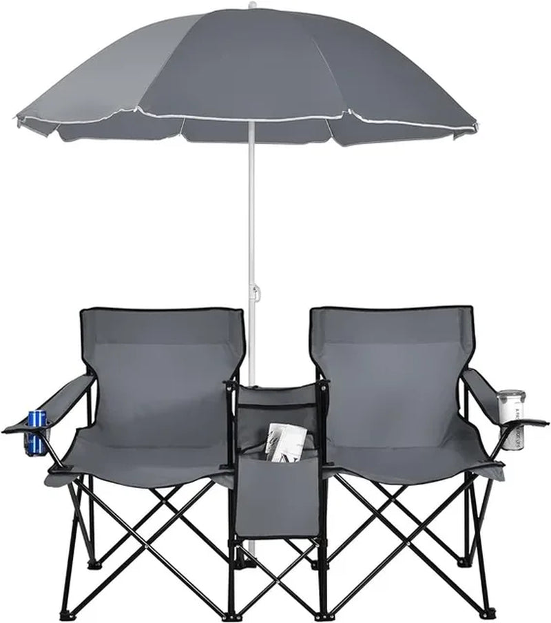 Portable Folding Picnic Double Chair W/Umbrella Table Cooler Beach Camping Chair for Patio Pool Park Outdoor