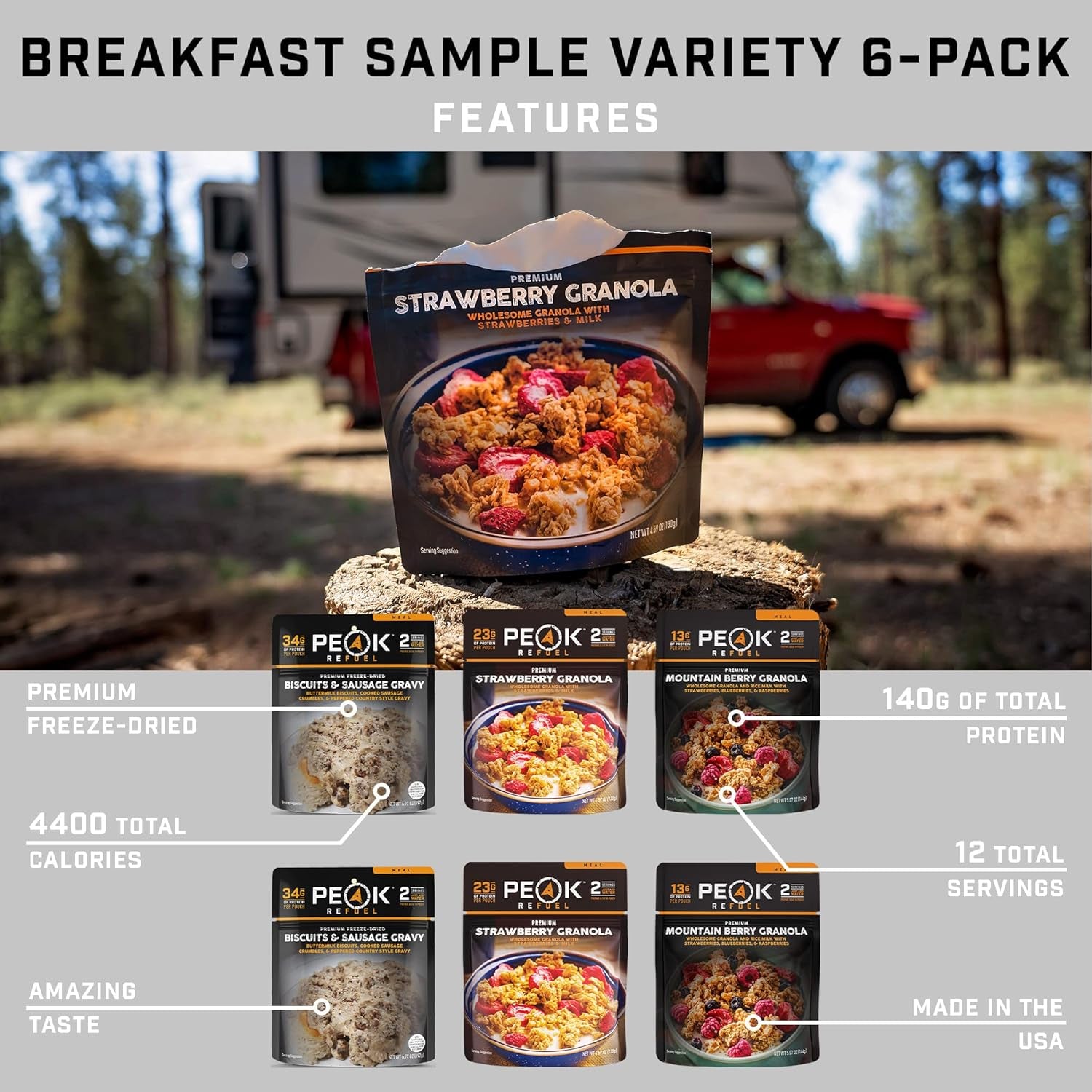 Breakfast Variety 6 Pack | Premium Freeze Dried Camping Food | Backpacking & Hiking MRE Meals | Just Add Water | 100% Real Meat | 12 Total Servings