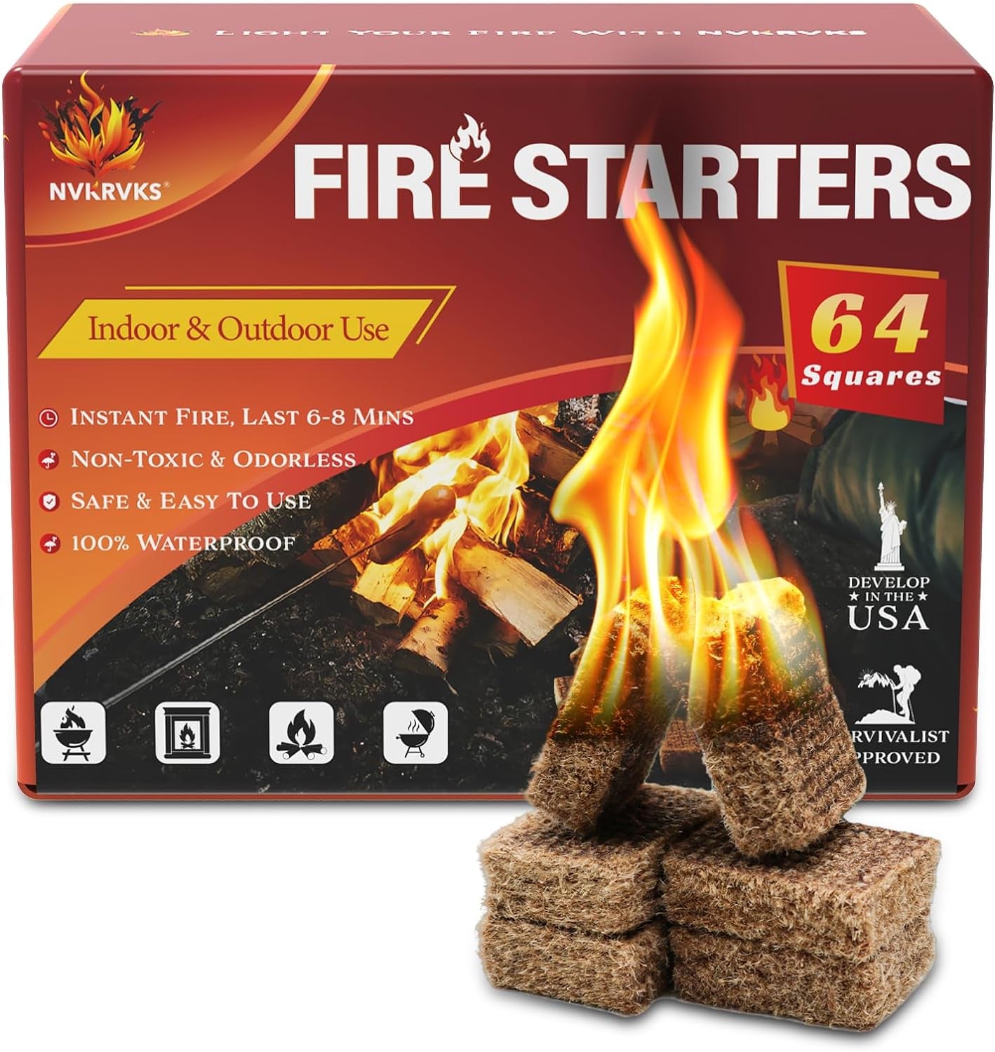 Natural Waterproof Fire Starter Squares: 64-Pack, Long-Lasting & Safe for Cooking