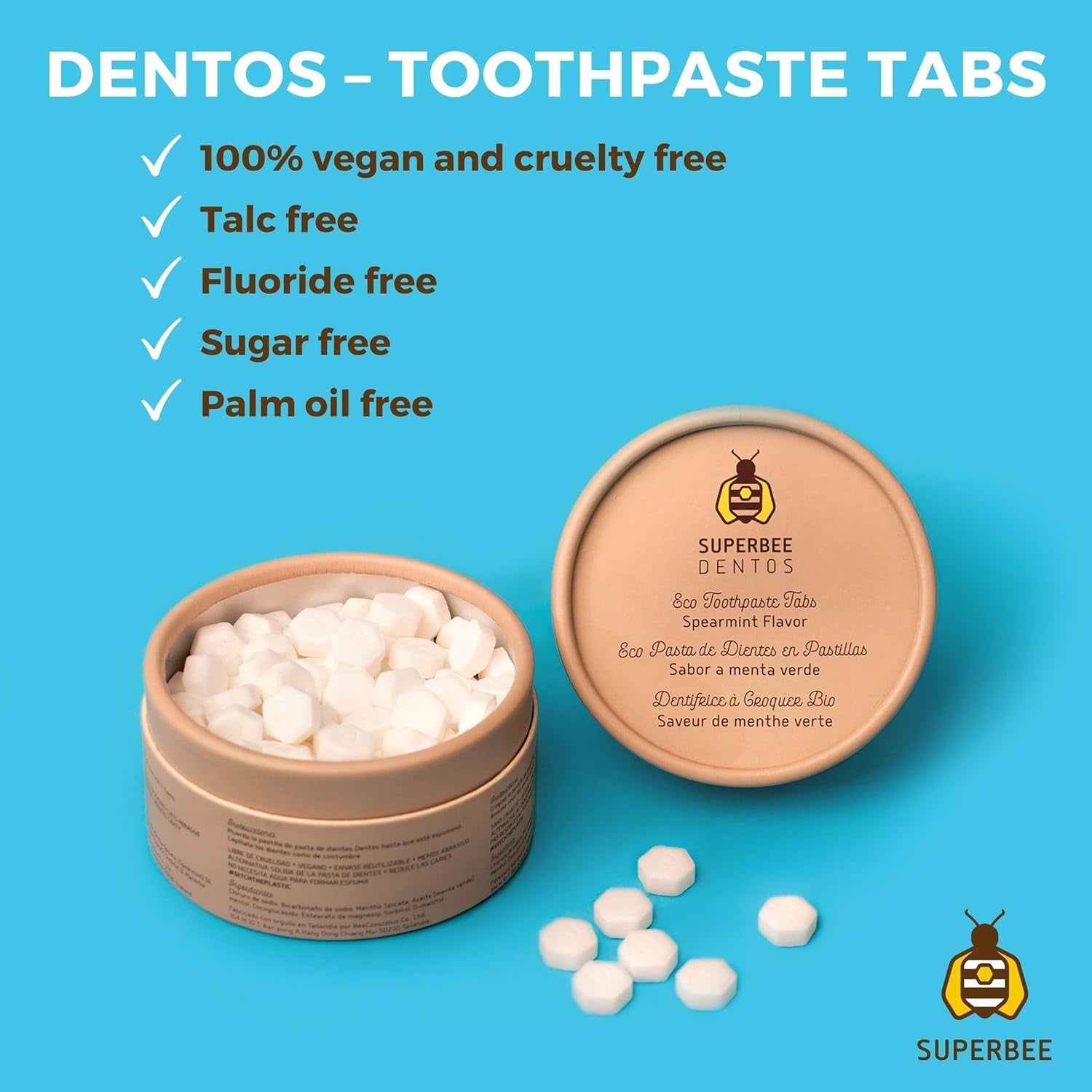 Superbee Dentos Toothpaste Tablets, 150 Toothpaste Tabs, Fluoride Free & Eco Friendly, Travel Mouthwash Tablets, Sensitive Toothpaste Bites Kids Adults, Chewable Toothpaste Tablet, Spearmint