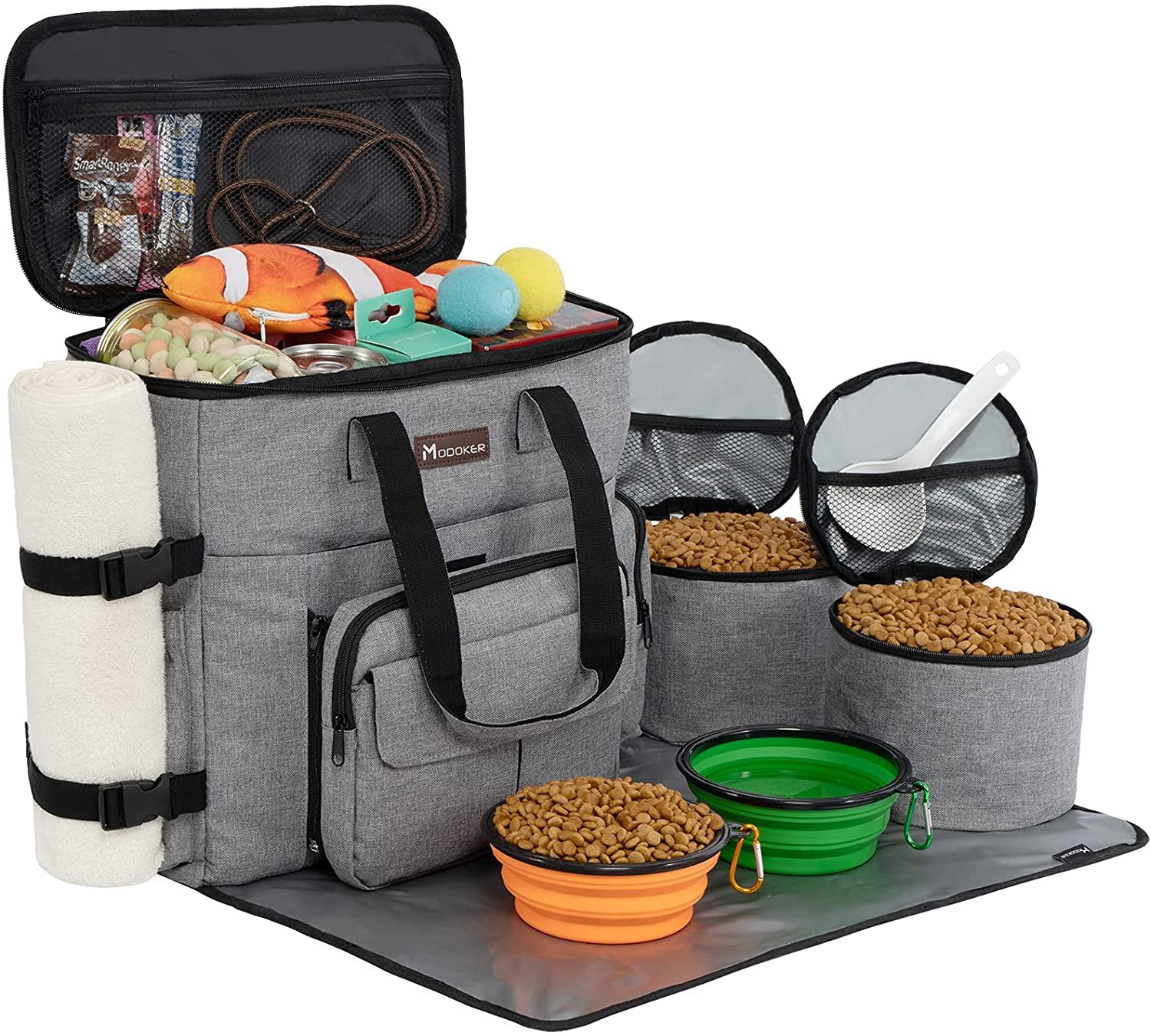 Weekend Pet Travel Set - Airline Approved Dog Travel Bag with Multi-Function Pockets, Food Storage Containers, Collapsible Bowls, Feeding Mat. Blue.