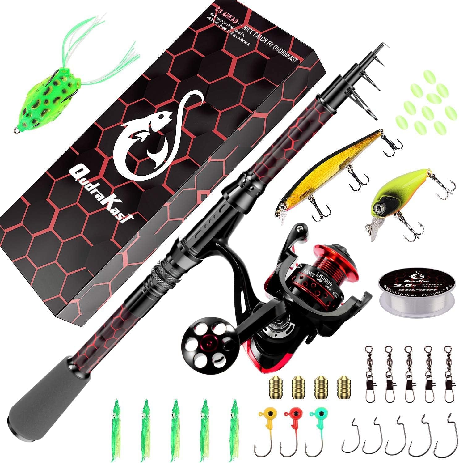 Fishing Rod and Reel Combos, Unique Design with X-Warping Painting, Carbon Fiber Telescopic Fishing Rod, Best Gift for Fishing Beginner and Angler