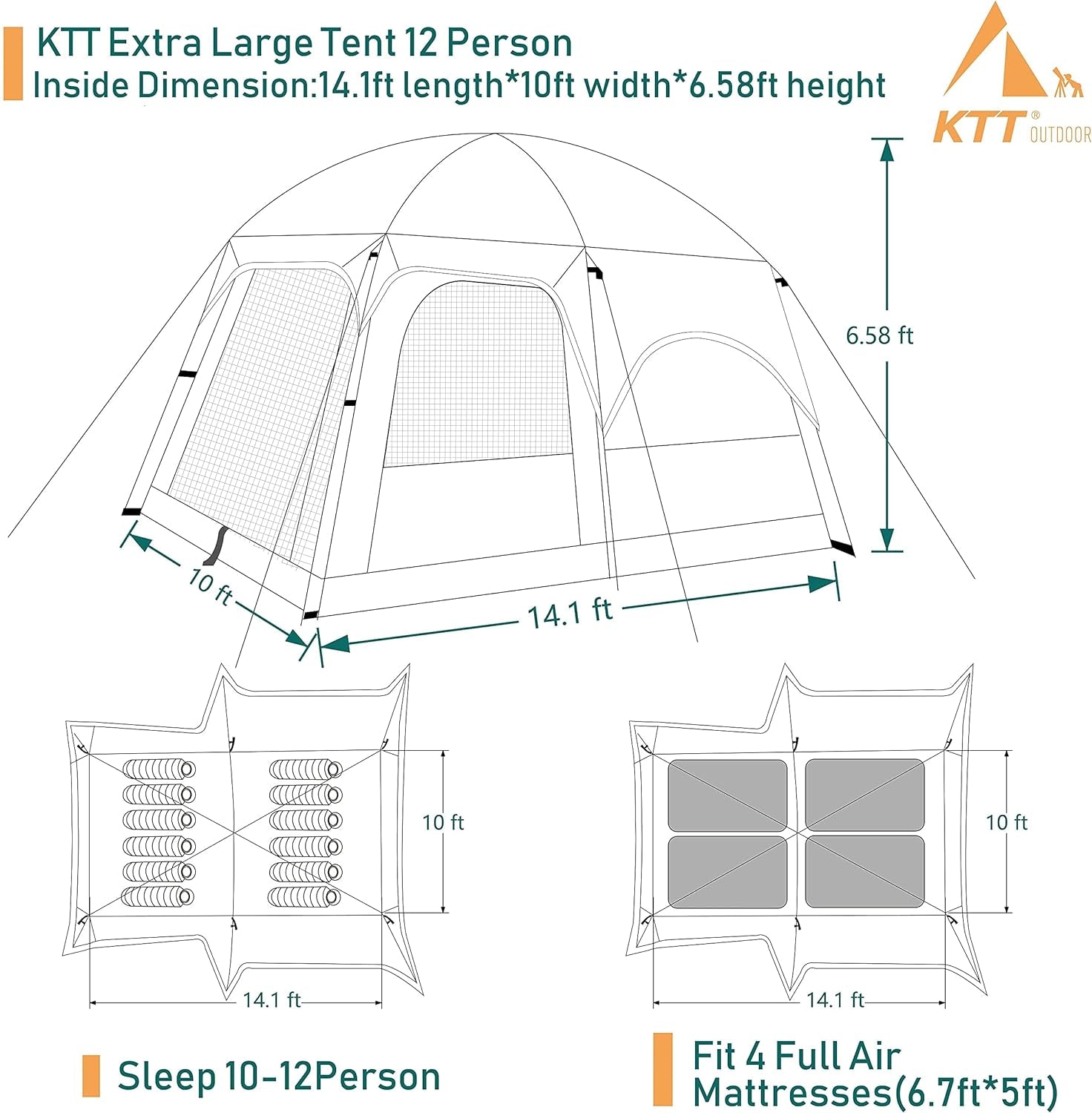 KTT Extra Large Tent 10-12-14 Person(Style-B),Family Cabin Tents,2 Rooms,3 Doors and 3 Windows with Mesh,Straight Wall,Waterproof,Double Layer,Big Tent for Outdoor,Picnic,Camping,Family Gathering