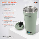 GO Heated Coffee Mug, Travel Mug, 13.5 OZ. Smart Mug, Battery Powered Heated Coffee Mug, Great for Coffee and Tea, Snap on Magnetic Charging Cord, New and Improved (Mint Green)