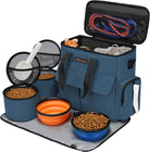 Weekend Pet Travel Set - Airline Approved Dog Travel Bag with Multi-Function Pockets, Food Storage Containers, Collapsible Bowls, Feeding Mat. Blue.