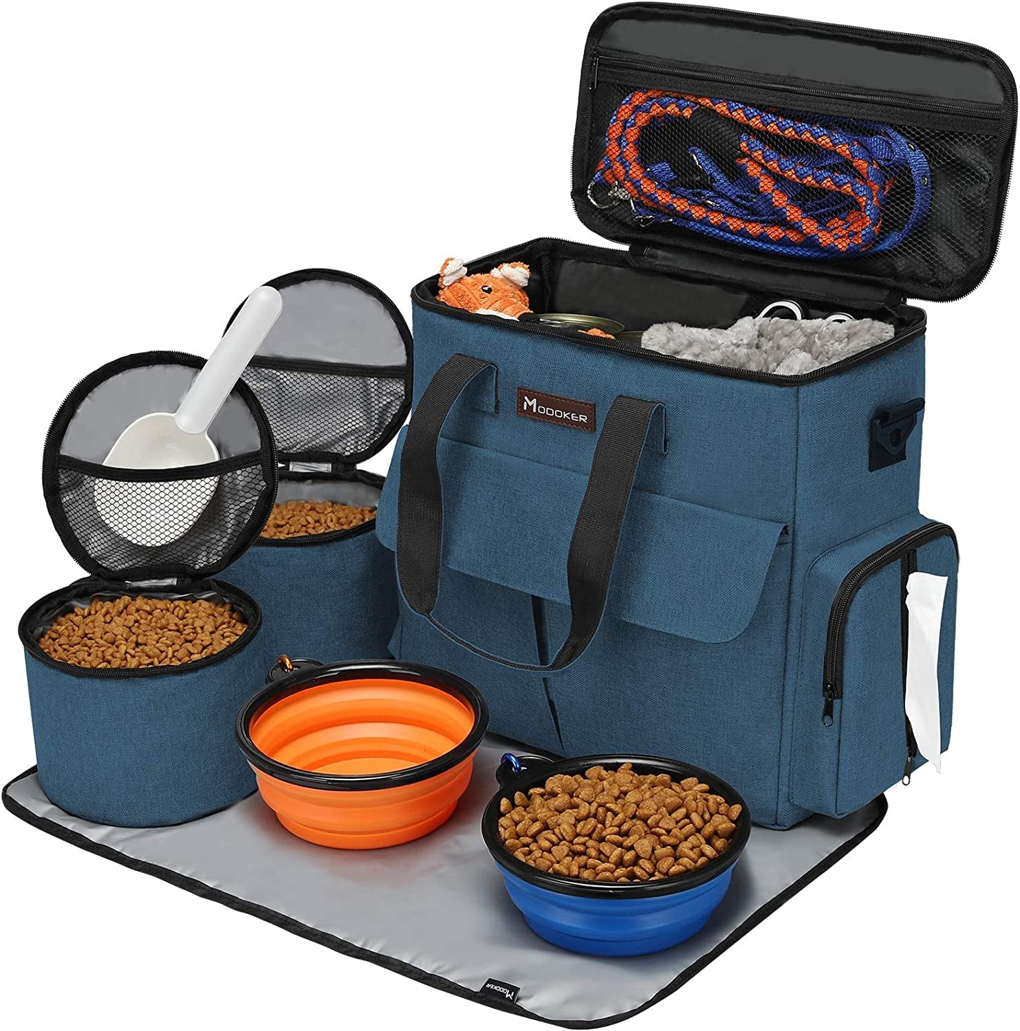 Ultimate Travel Kit for Dogs: Airline-Approved Carry-On with Snack Compartment, Bowls, and Portable Mat in Blue