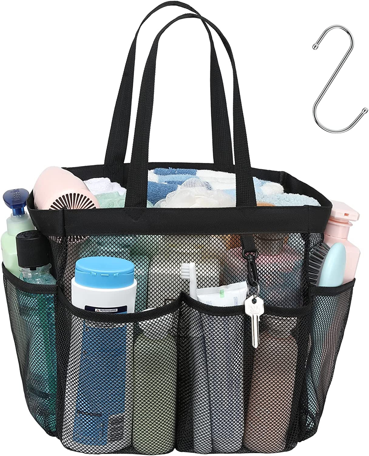 Mesh Shower Caddy Portable, Upgrade Deeper 7 Pockets Basket Bag Tote for College Dorm Room Toiletry Bathroom Essentials Gym Camp Quick Dry 2 Handles with S Hook, Black