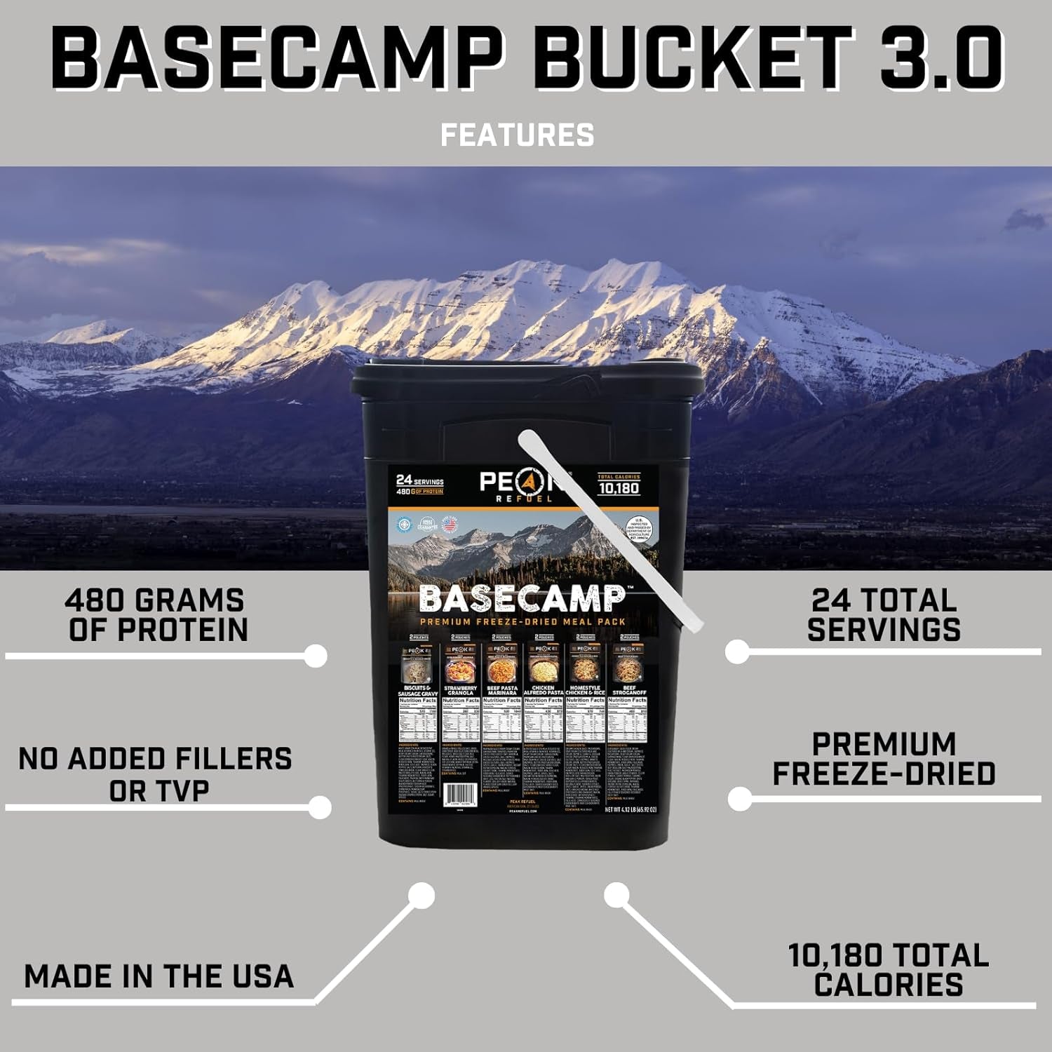 Basecamp Bucket 3.0 | 480G Protein | 10180 Calories | 100% Real Meat | Premium Freeze Dried Backpacking & Camping Food | 24 Servings | Ideal MRE Survival Meal