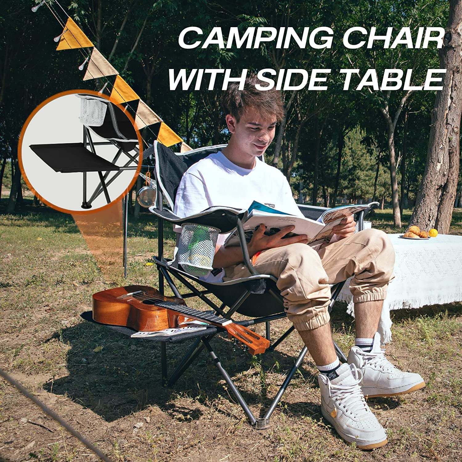 Camping Chairs with Side Table Outdoor Padded Camping Chair for Adults with Armrest Cup Holder and Pocket Supports 300 Lbs Black