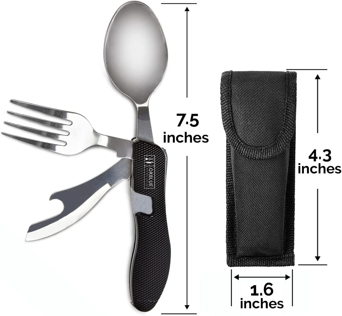 Orblue 4-In-1 Camping Utensils, 2-Pack, Portable Stainless Steel Spoon, Fork, Knife & Bottle Opener Combo Set - Travel, Backpacking Cutlery Multitool, Black