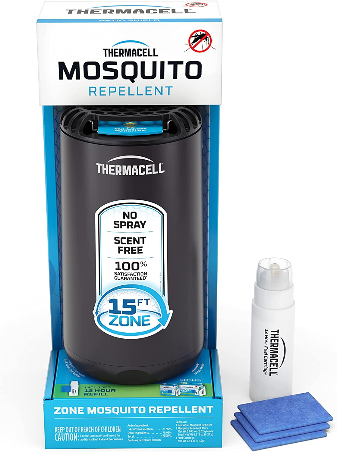 Thermacell Patio Shield Mosquito Repeller, Blue; Highly Effective Mosquito Repellent for Patio; No Candles or Flames, Deet-Free, Scent-Free, Bug Spray Alternative; Includes 12-Hour Refill