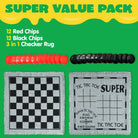 3-in-1 Vintage Giant Checkers & Tic Tac Toe Game Set - Reversible Mat with 24 Chips, Perfect for Family Fun, Indoor & Outdoor Activities