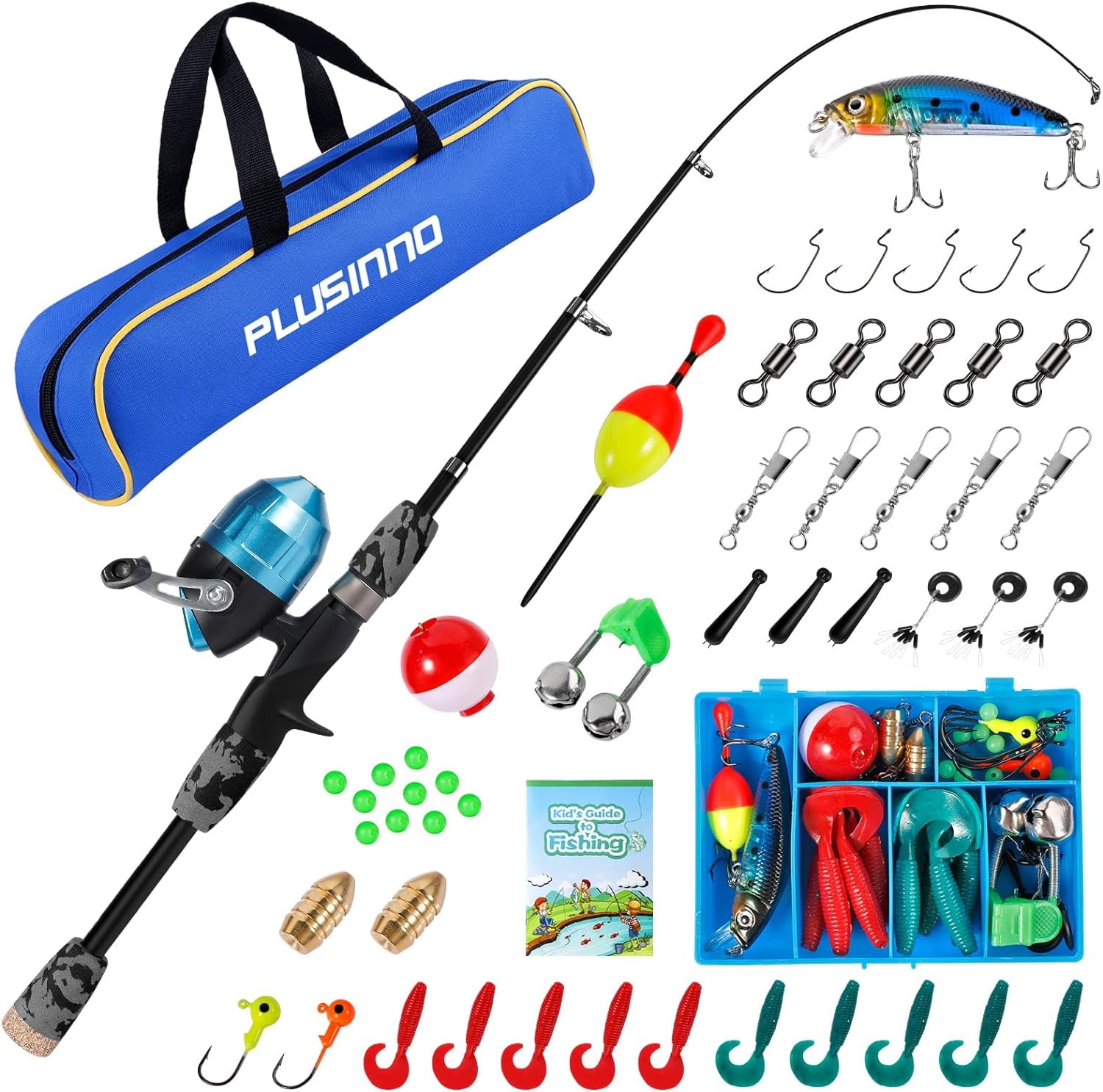 PLUSINNO Kids Fishing Pole with Spincast Reel Telescopic Fishing Rod Combo Full Kits for Boys, Girls, and Adults