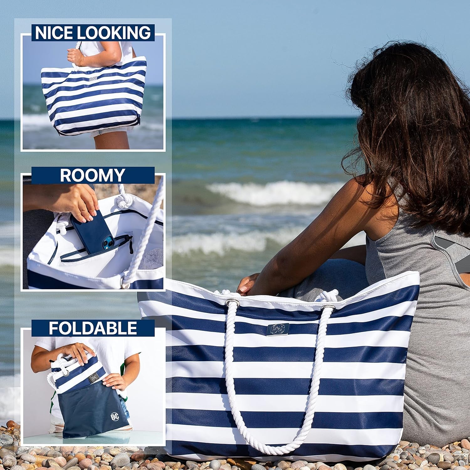Bag&Carry Large Beach Tote Bag with Zipper - XL Beach Bags Waterproof Sandproof - Oversized Beach Bag with Pockets