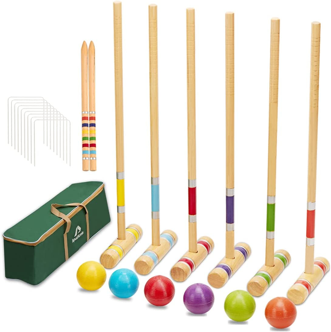 Apudarmis Six Player Croquet Set with Premiun Rubber Wooden Mallets 28In,Colored Ball,Wickets,Stakes - Lawn Backyard Game Set for Adults/Teenagers/Family (Large Carry Bag Including)