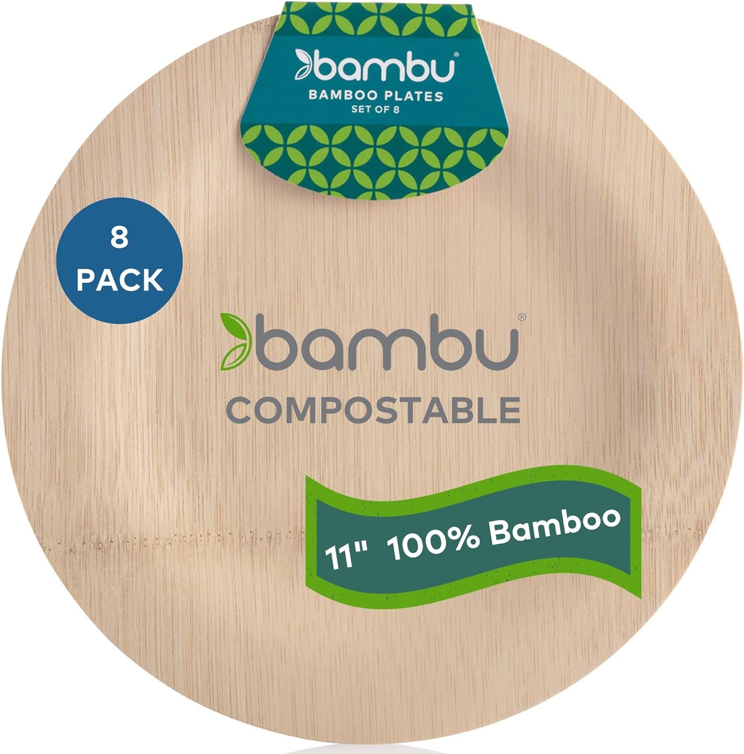 Bambu, Veneerware Disposable Bamboo round Plates, 100% Biodegradable Flat Tableware - 11", Pack of 25