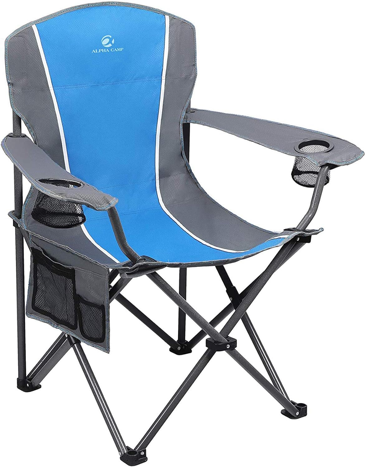 ALPHA CAMP Oversized Camping Folding Chair Heavy Duty Steel Frame Support 350 LBS Collapsible Padded Arm Chair with Cup Holder Quad Lumbar Back Chair Portable for Outdoor/Indoor