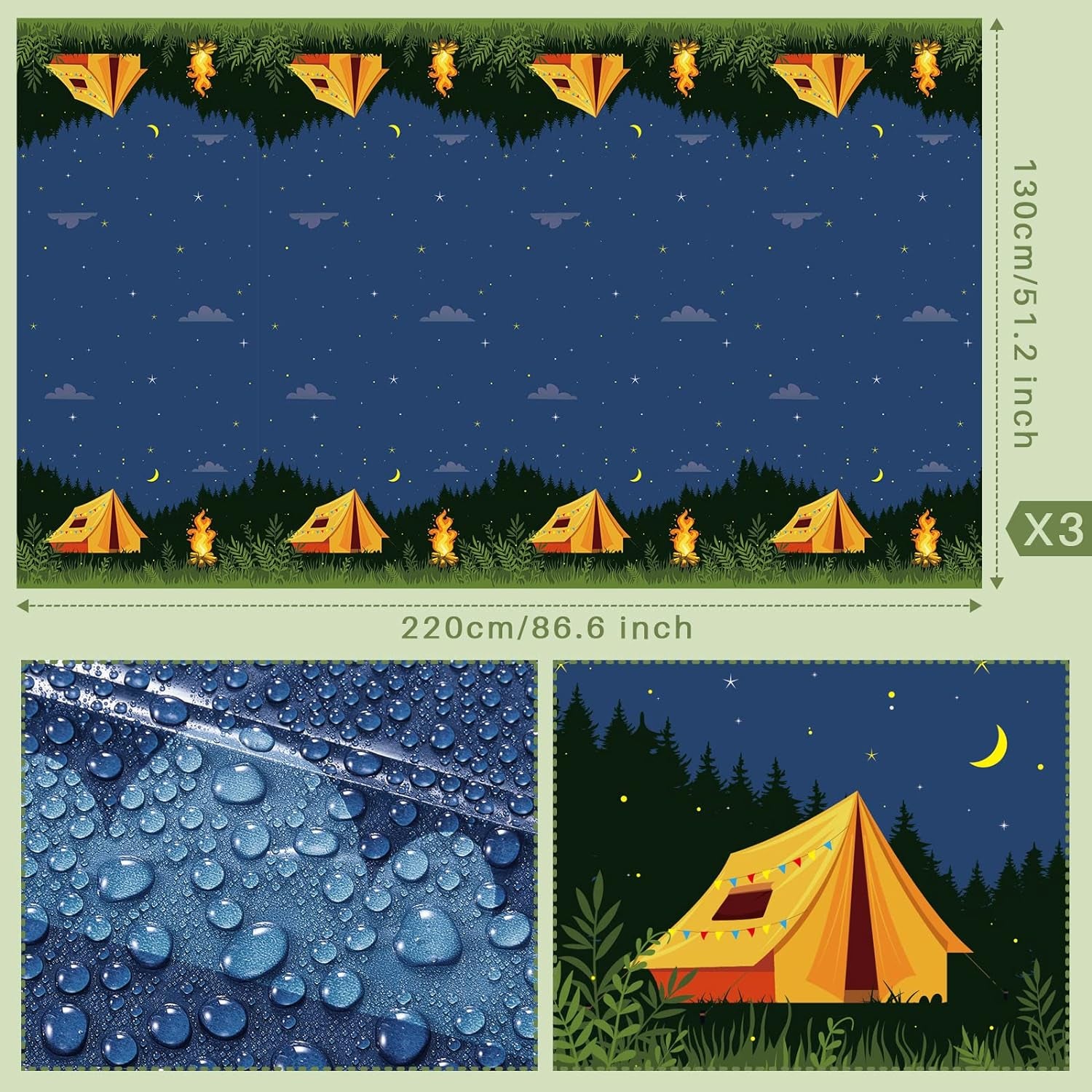 Camping Party Tablecloth Adventure Camp Out Design Plastic Rectangular Picnic Hiking Camper Tablecover for Campfire Forest Nature Birthday Party Decorations (2 Pieces)