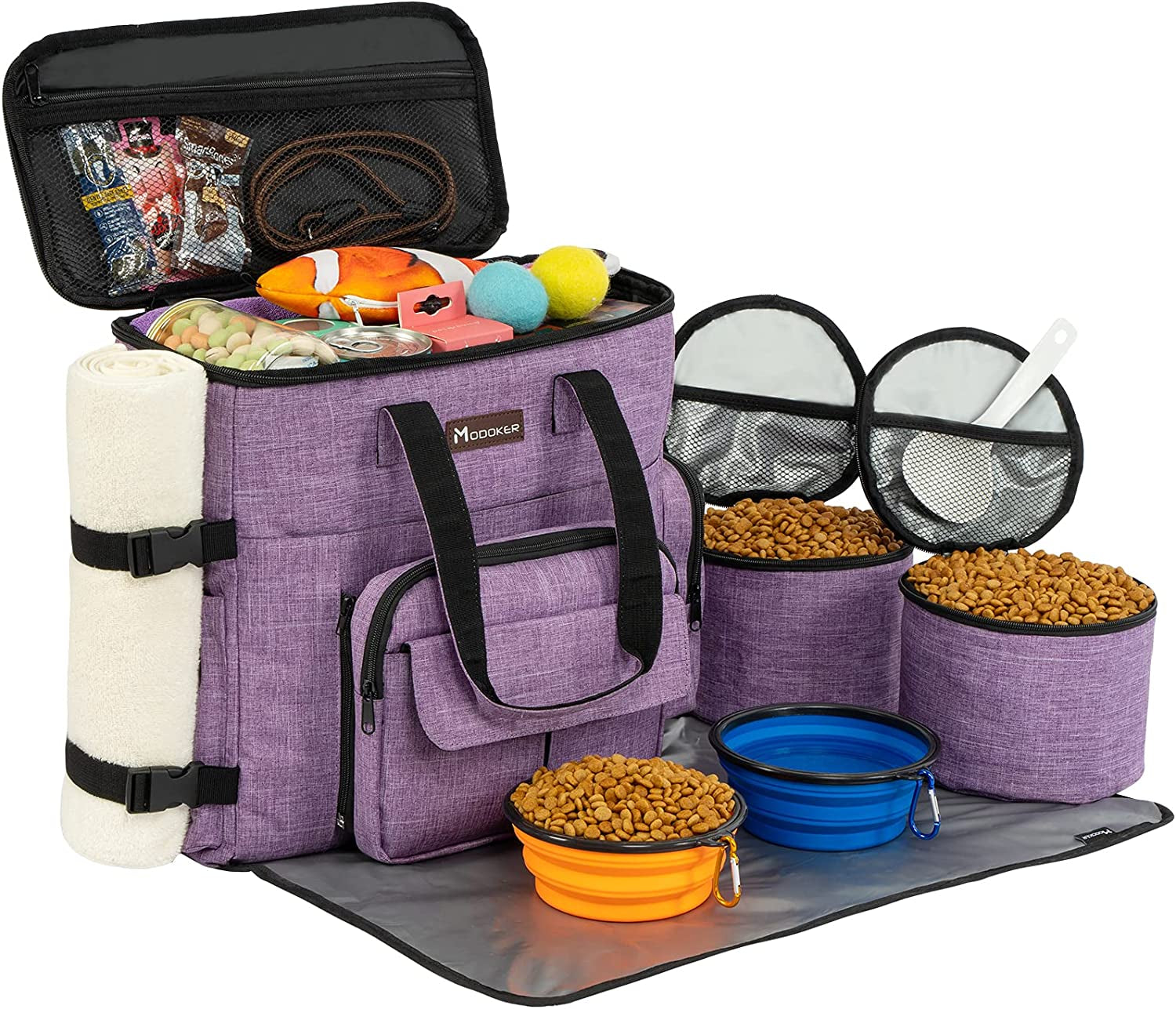 Weekend Pet Travel Set - Airline Approved Dog Travel Bag with Multi-Function Pockets, Food Storage Containers, Collapsible Bowls, Feeding Mat. Blue.