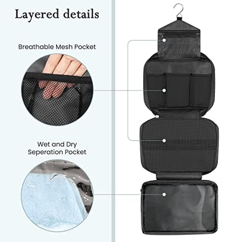 Maliton Toiletry Bag for Men & Women | Large for Traveling | Hanging Compact Hygiene Bag with 4 Compartments | Waterproof Bathroom Shower Bag (Black)