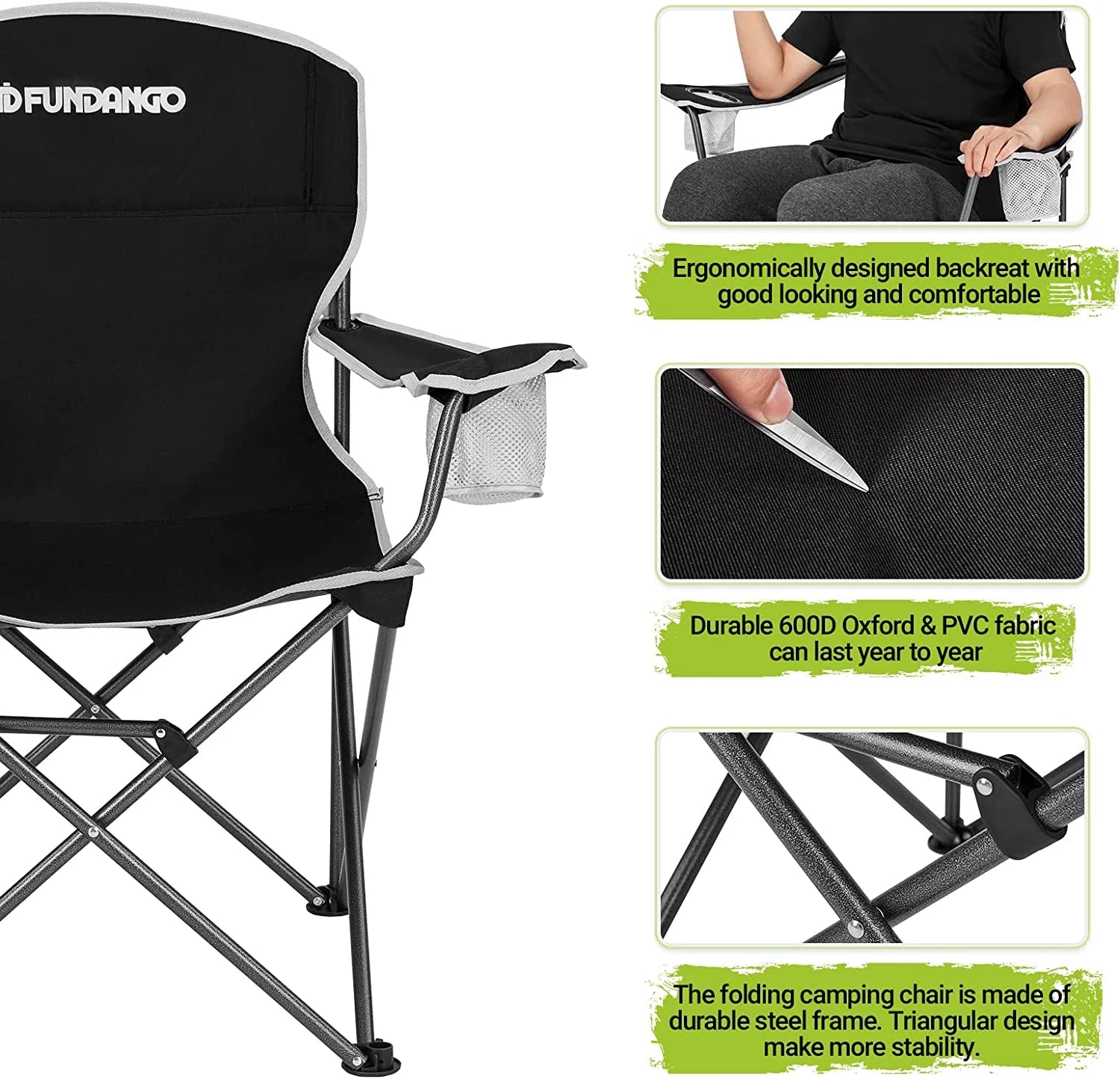 Camping Chairs with Side Table Outdoor Padded Camping Chair for Adults with Armrest Cup Holder and Pocket Supports 300 Lbs Black