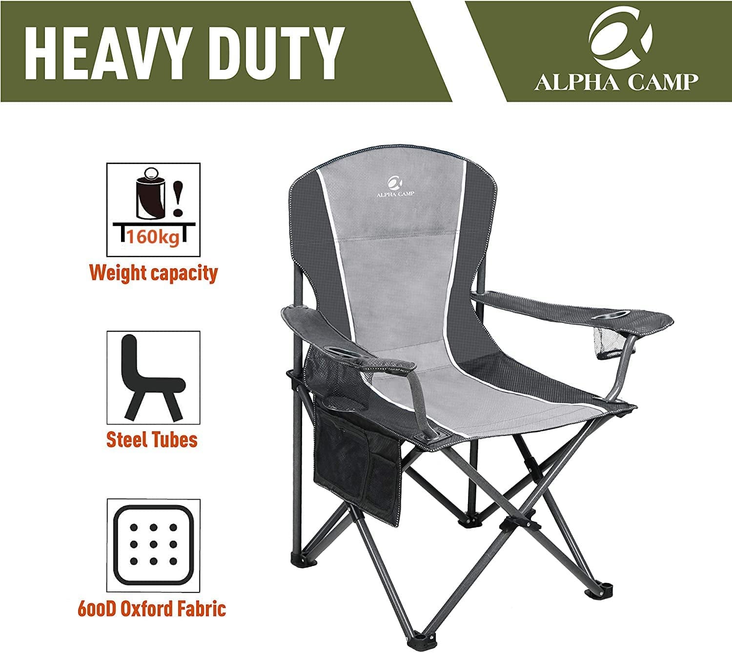 ALPHA CAMP Oversized Camping Folding Chair Heavy Duty Steel Frame Support 350 LBS Collapsible Padded Arm Chair with Cup Holder Quad Lumbar Back Chair Portable for Outdoor/Indoor