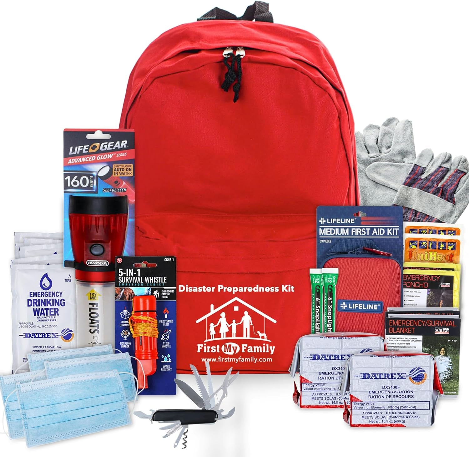 First My Family All-In-One Premium Disaster Preparedness Survival Kit with 72 Hours of Survival and First-Aid Supplies