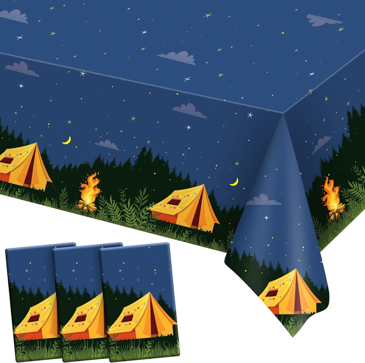 Camping Party Tablecloth Adventure Camp Out Design Plastic Rectangular Picnic Hiking Camper Tablecover for Campfire Forest Nature Birthday Party Decorations (2 Pieces)