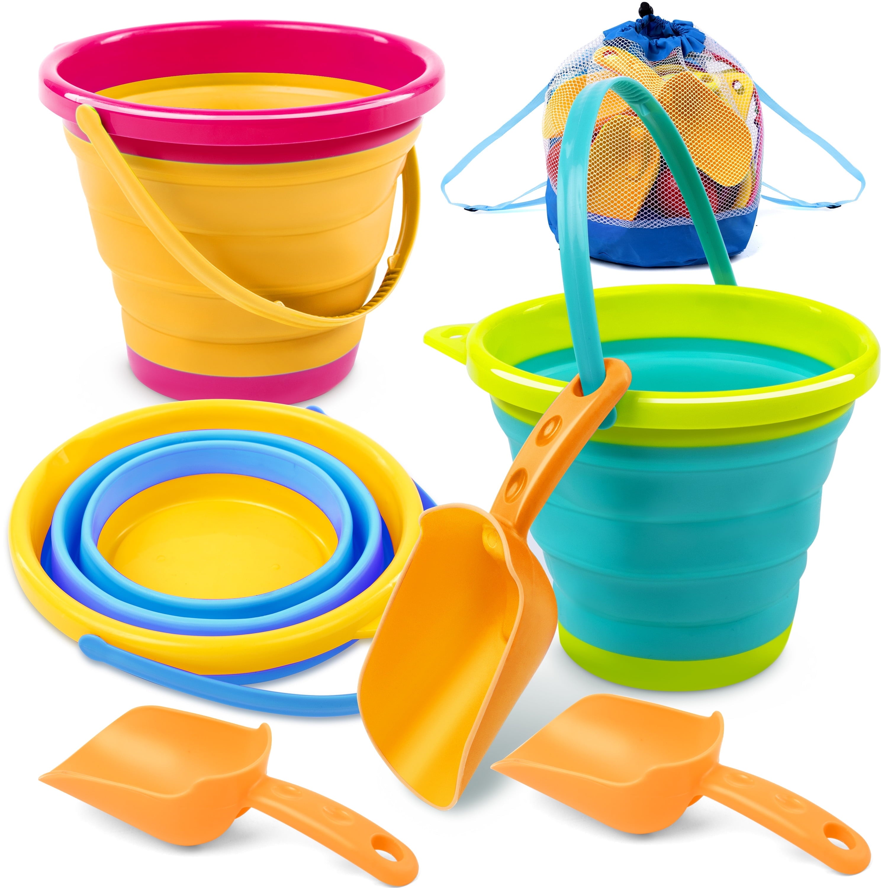 Set of 3 Collapsible Buckets with Shovels & Mesh Bag - Versatile Kids Sand Toys for Beach, Camping, and Summer Activities