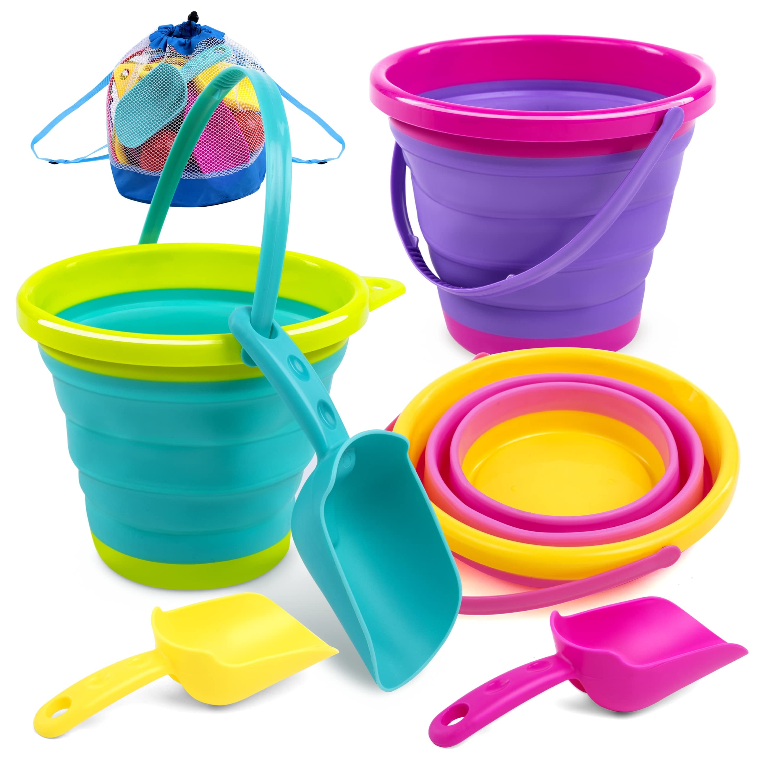 Set of 3 Collapsible Buckets with Shovels & Mesh Bag - Versatile Kids Sand Toys for Beach, Camping, and Summer Activities