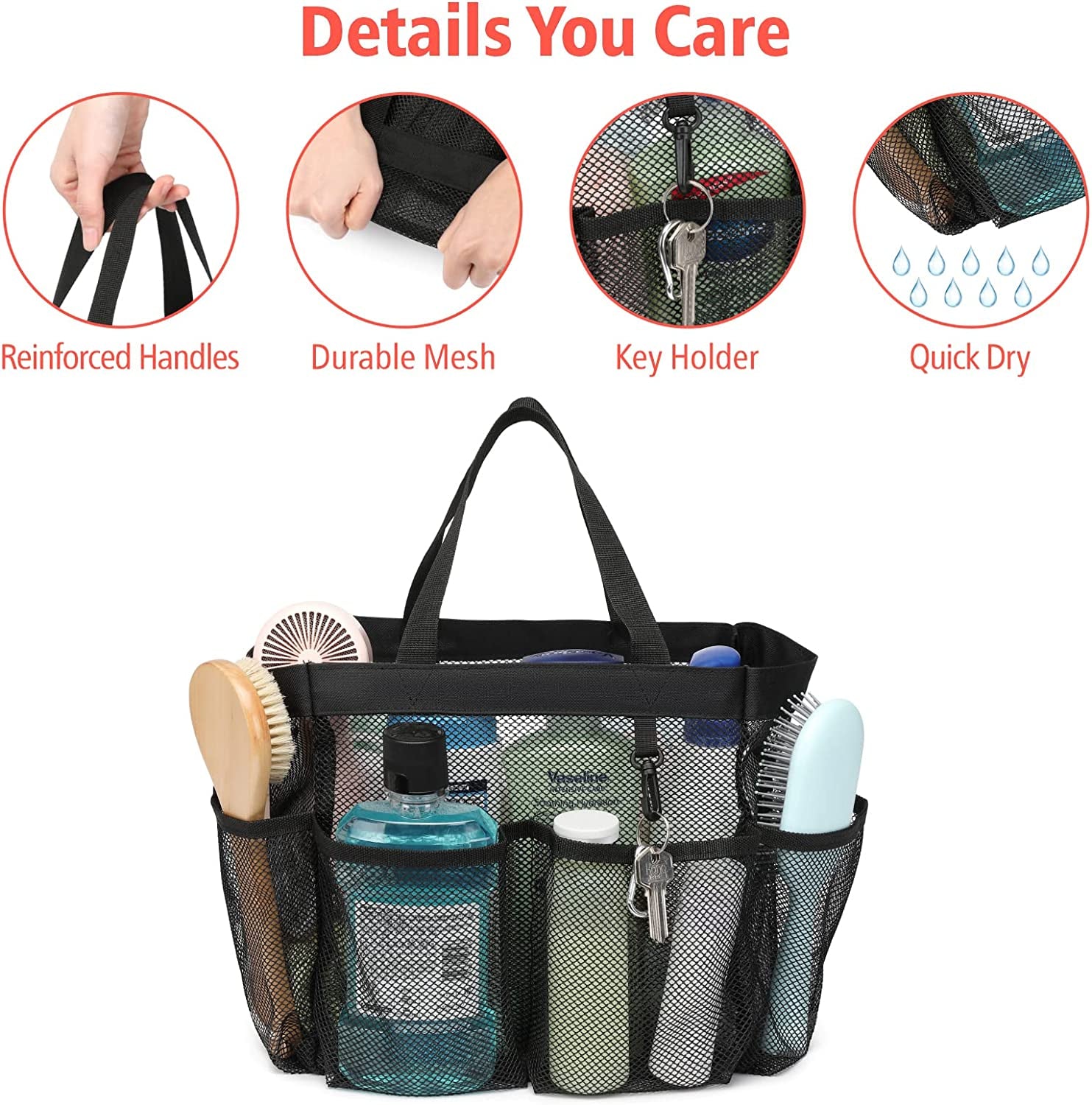 Mesh Shower Caddy Portable, Upgrade Deeper 7 Pockets Basket Bag Tote for College Dorm Room Toiletry Bathroom Essentials Gym Camp Quick Dry 2 Handles with S Hook, Black