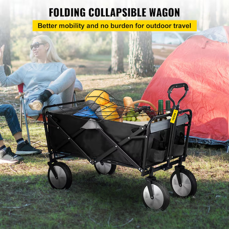 Wagon Beach Cart, Collapsible Folding Cart with 176Lbs Load, Outdoor Utility Garden Cart, Adjustable Handle, Portable Foldable Wagons with Wheels for Beach, Camping, Grocery, Black