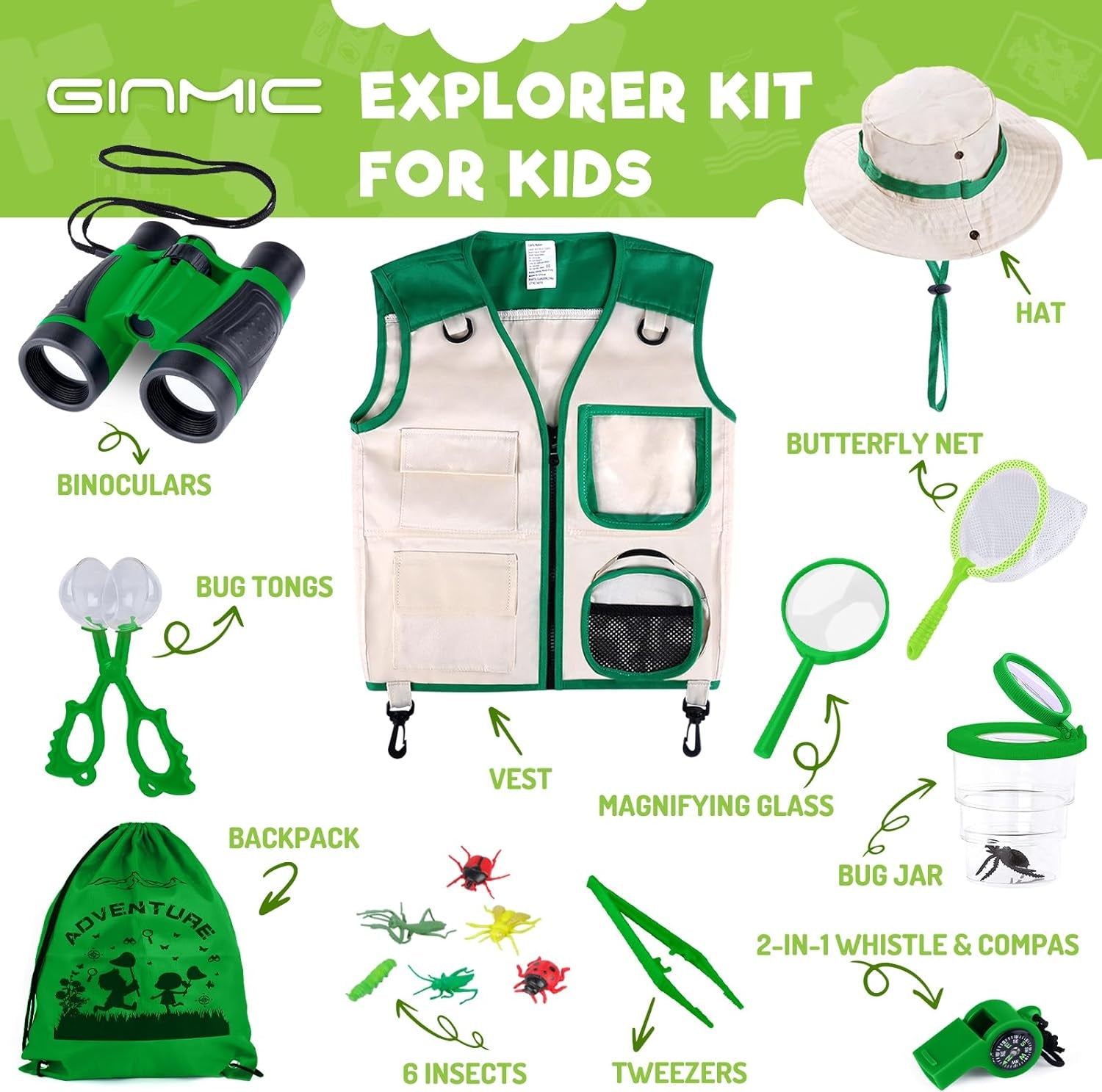 GINMIC Kids Explorer Kit & Bug Catching Kit, 11 Pcs Outdoor Exploration Kit for Kids Camping with Binoculars, Adventure, Hunting, Hiking, Educational Toy Gift for 3-12 Years Old Boys Girls