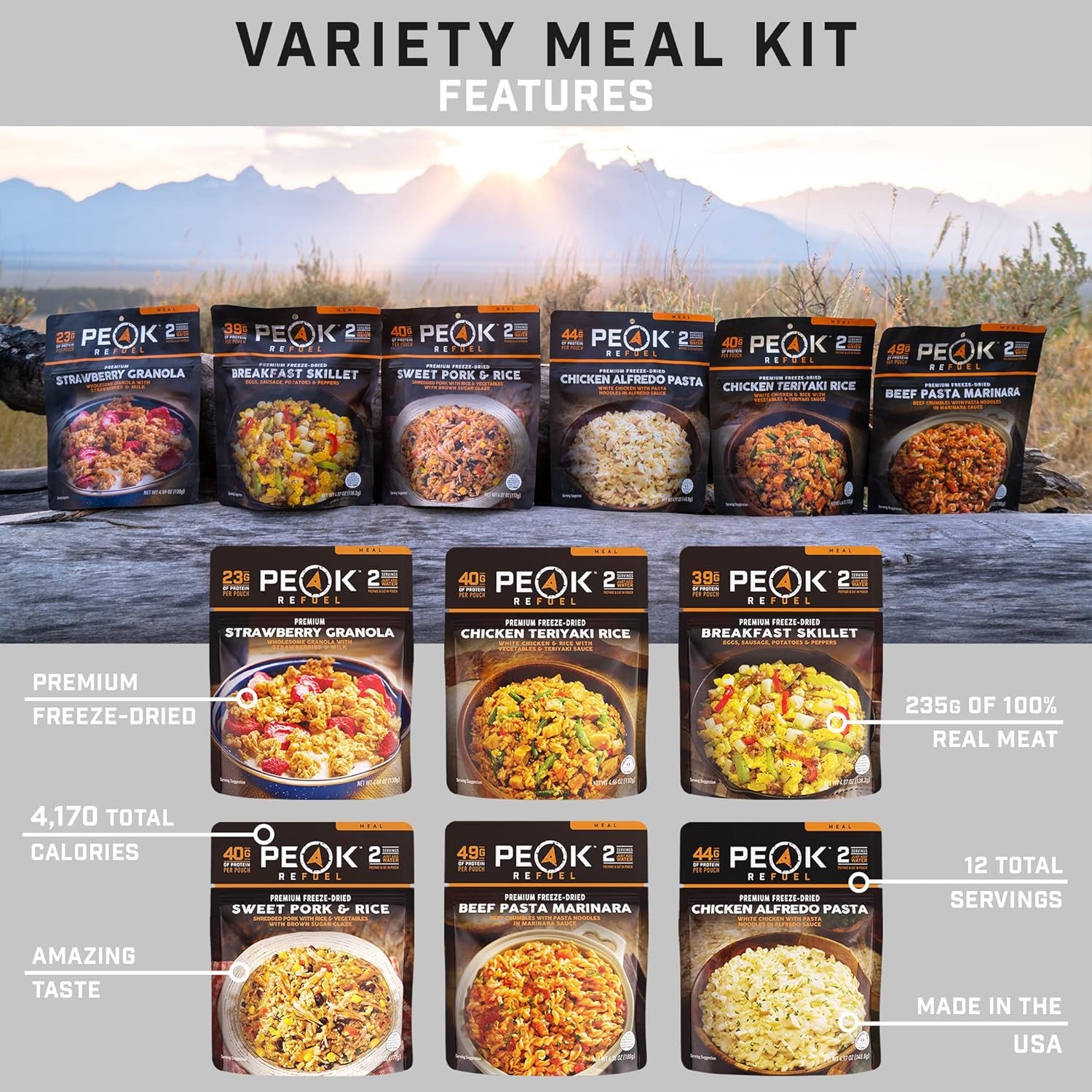 Variety Meal Kit | 239G Protein | 4920 Calories | 100% Real Meat | Premium Freeze Dried Backpacking & Camping Food | 2 Servings | Ideal MRE Survival Meal