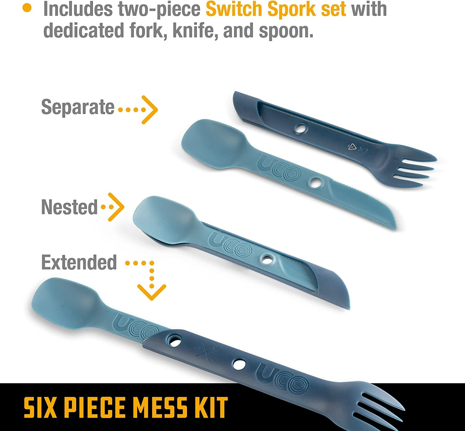 UCO 6-Piece Camping Mess Kit with Bowl, Plate, Camp Cup, and Switch Spork Utensil Set