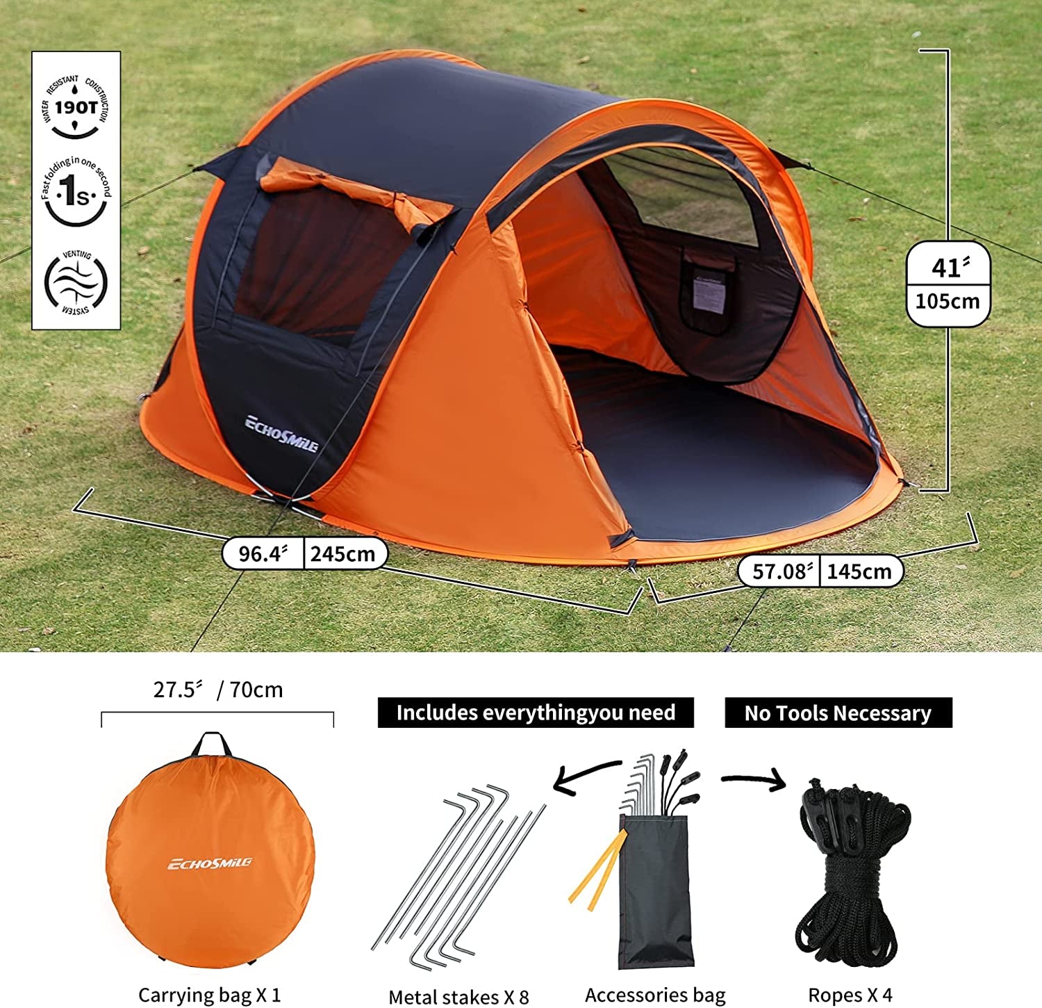 Camping Instant Tent, 2/4/6/8/10 Person Pop up Tent, Water Resistant Dome Tent, Easy Setup for Camping Hiking and Outdoor, Portable Tent with Carry Bag, for 3 Seasons…