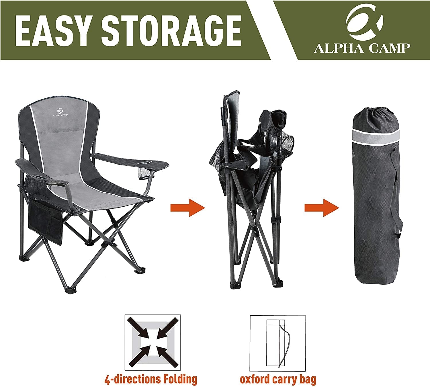 ALPHA CAMP Oversized Camping Folding Chair Heavy Duty Steel Frame Support 350 LBS Collapsible Padded Arm Chair with Cup Holder Quad Lumbar Back Chair Portable for Outdoor/Indoor