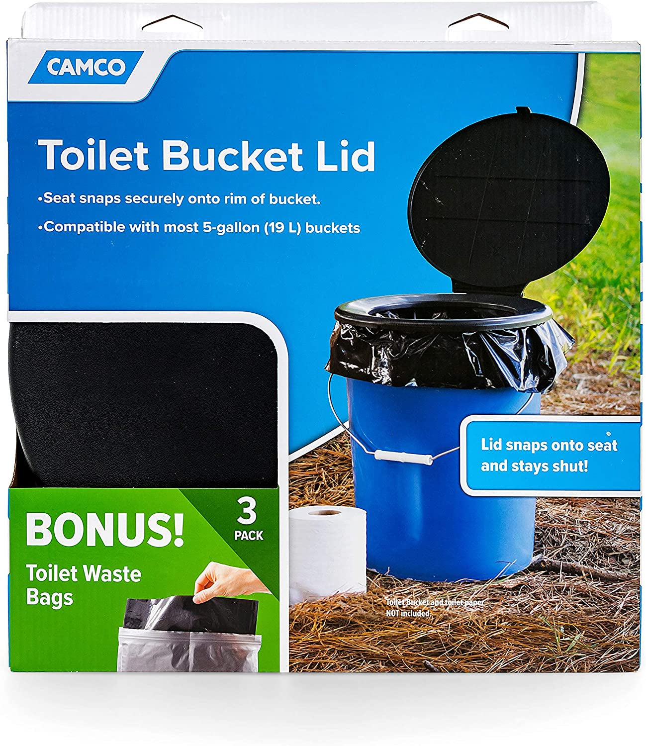 Camco Portable Toilet Bucket - Features 3 Bag Liners for Easy Clean up & Attached Carry Handle - Includes Seat and Lid Attachment (41549)