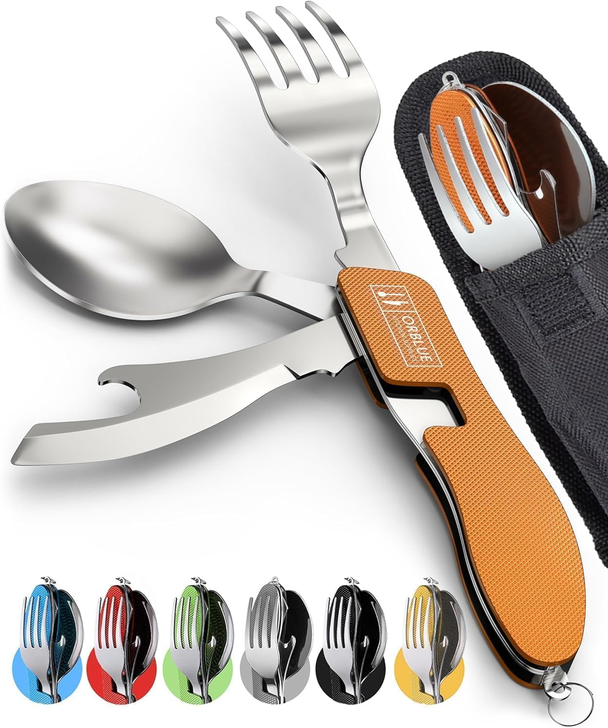 Orblue 4-In-1 Camping Utensils, 2-Pack, Portable Stainless Steel Spoon, Fork, Knife & Bottle Opener Combo Set - Travel, Backpacking Cutlery Multitool, Black