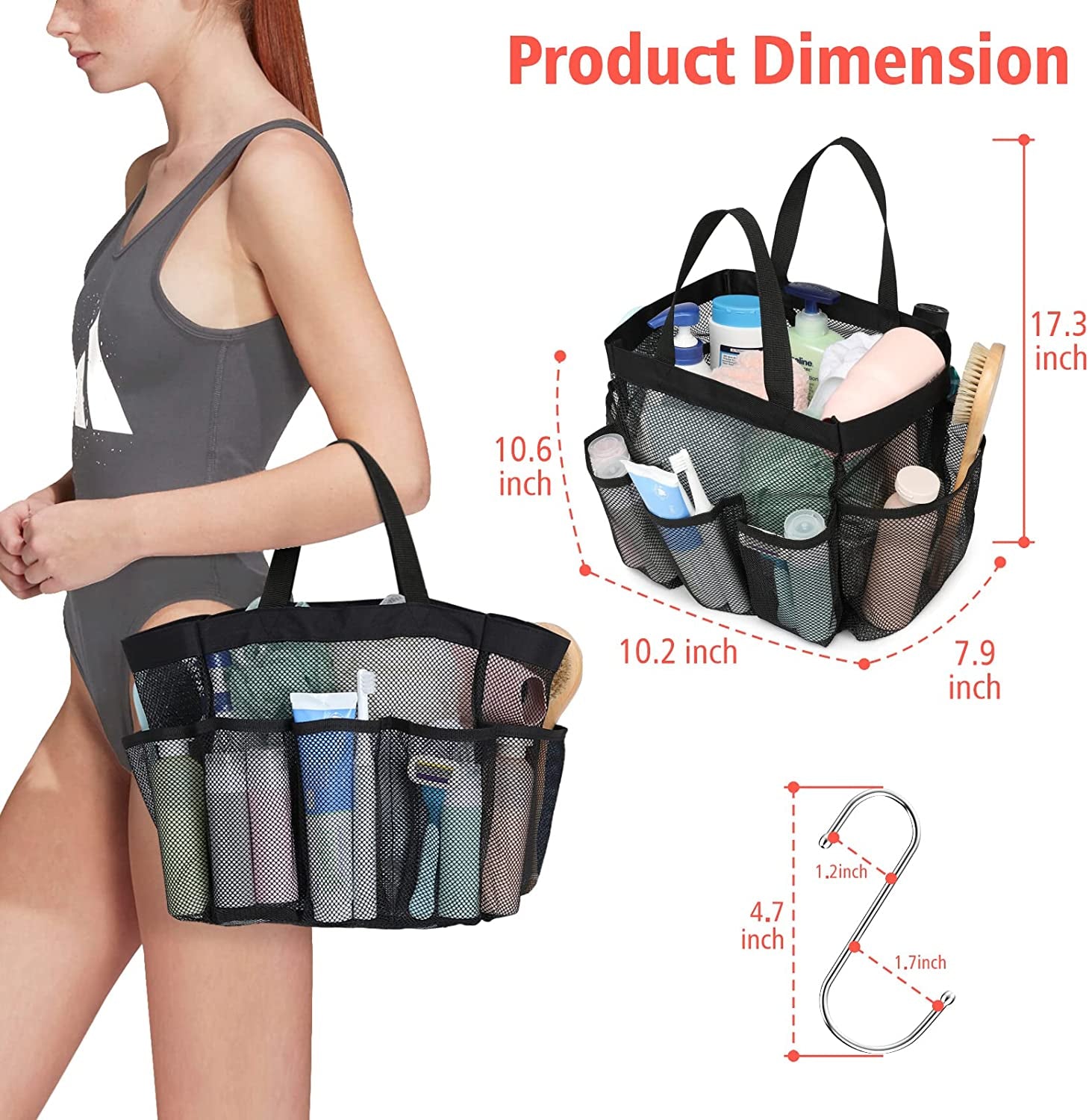 Mesh Shower Caddy Portable, Upgrade Deeper 7 Pockets Basket Bag Tote for College Dorm Room Toiletry Bathroom Essentials Gym Camp Quick Dry 2 Handles with S Hook, Black