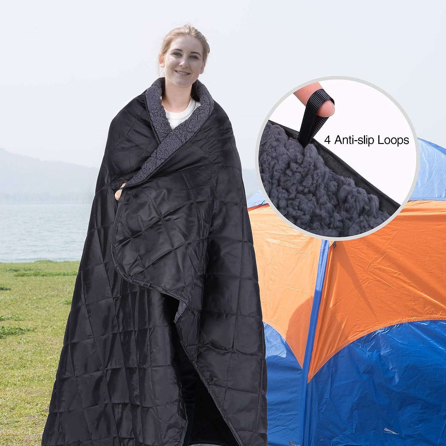 REDCAMP Large Camping Blanket with Sherpa Lining, Cold Weather Warm Outdoor Blanket Windproof for Camping Stadium, Machine Washable 59"X 79"