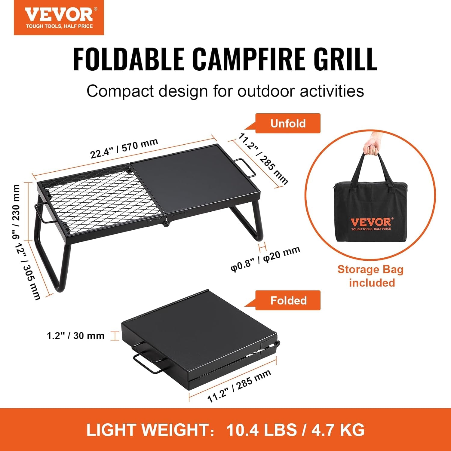 VEVOR Folding Campfire Grill, Heavy Duty Steel Mesh Grate, 22.4" Portable Camping Grates over Fire Pit, Camp Fire Cooking Equipment with Legs Carrying Bag, Grilling Rack for Outdoor Open Flame Cooking