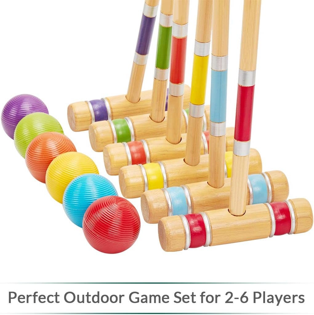 Apudarmis Six Player Croquet Set with Premiun Rubber Wooden Mallets 28In,Colored Ball,Wickets,Stakes - Lawn Backyard Game Set for Adults/Teenagers/Family (Large Carry Bag Including)