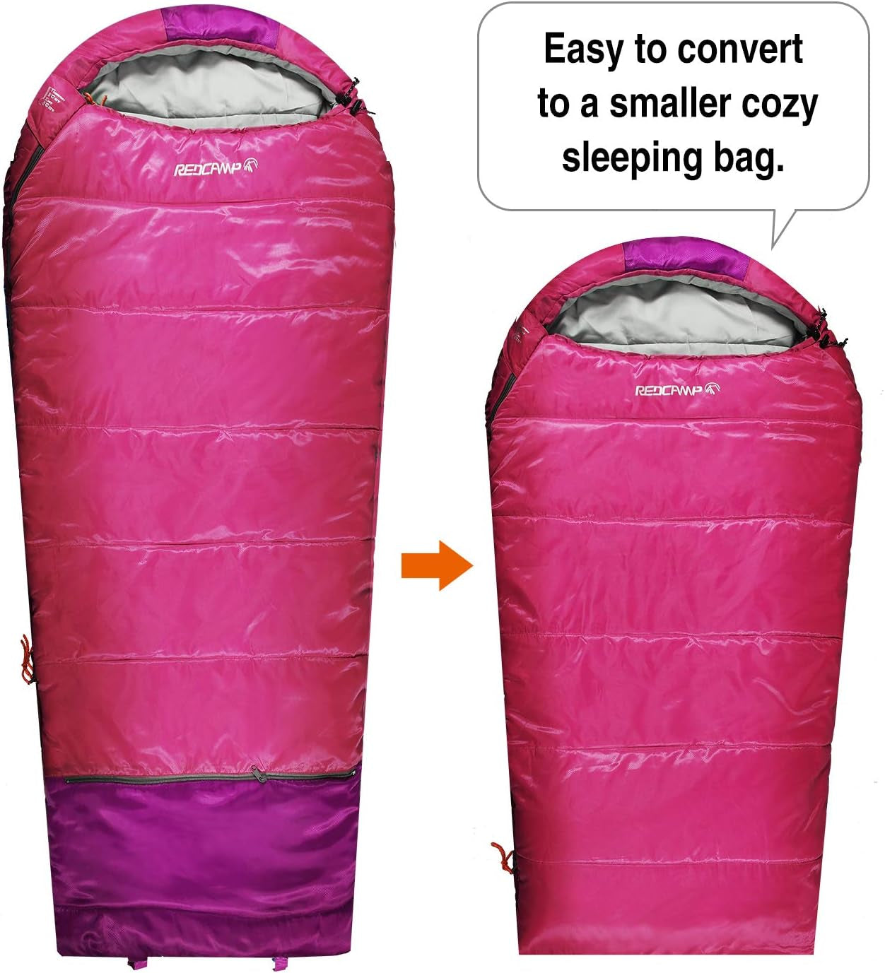 REDCAMP Kids Mummy Sleeping Bag for Camping, 3 Season Cold Weather Sleeping Bag Fit Boys,Girls & Teens, Blue/Rose Red